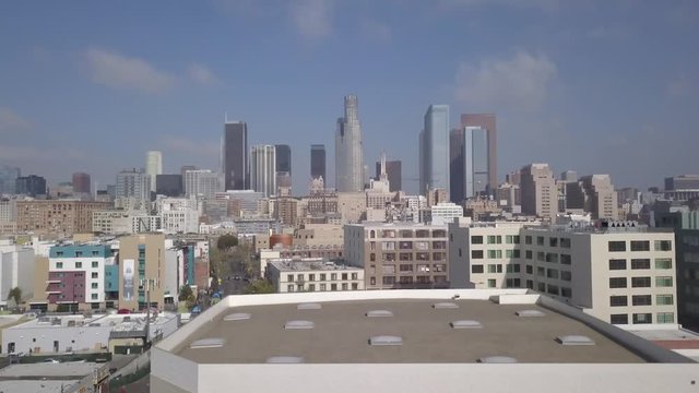 Drone fly in Downtown Los Angeles LA buildings aerial