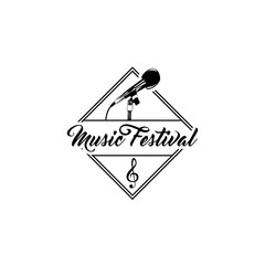 Microphone Icon. Music Festival logo badge. Musical device. Treble clef. Vector.