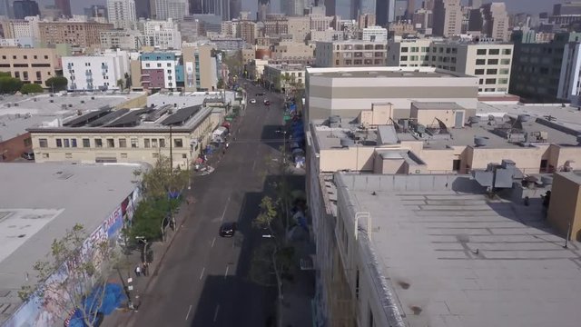 Downtown fly over Los Angeles LA buildings drone