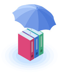 Flat isometric illustration of folders with documents under the umbrella. The protect and safety of data, confidential information protection, business care vector concept isolated on white background