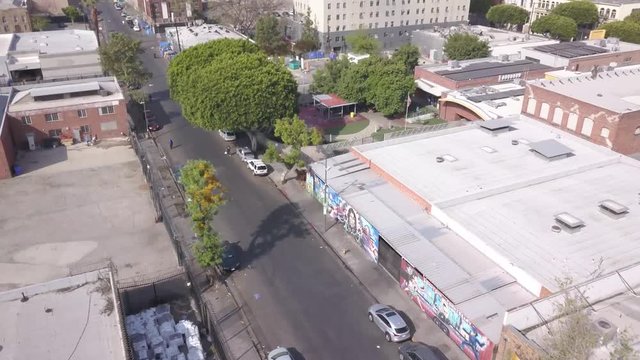 Downtown fly over Los Angeles Skid Row drone