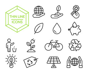 Green eco friendly environment thin line icon set