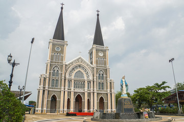 Thailand - March 18 2018:  vintage Gothic church with Blessed Virgin statue, landmark in Chantaburi