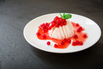 Panna cotta with currant berries in white plate. Jelly dessert of milk and berry