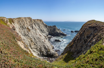 Fototapeta na wymiar Rocky cliffs and ocean at Bodega Head Trail, Bodega Bay, California, United States on sunny summer day