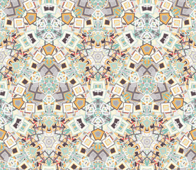 Kaleidoscope abstract seamless pattern, background. Composed of colored geometric shapes. Useful as design element for texture and artistic compositions.