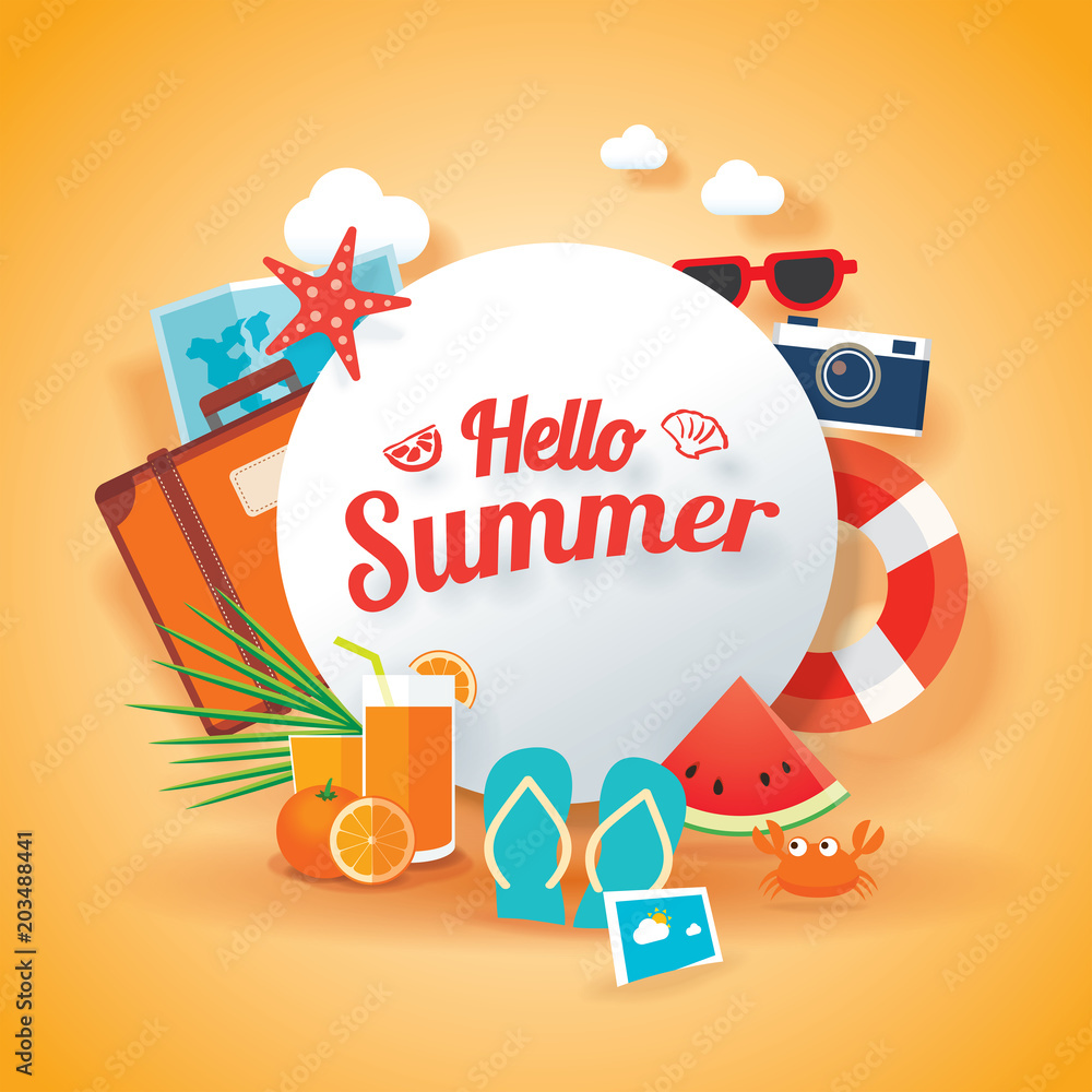 Sticker Hello summer banner background template. Vector illustration object sign for season elements beach.