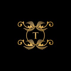 gold letter T logo design with flourish ornaments. logo T with floral and leaf ornaments. Vintage drawn emblem for book design, brand name
