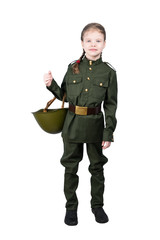 girl in military uniform holds an iron helmet in her hand, isolated on white