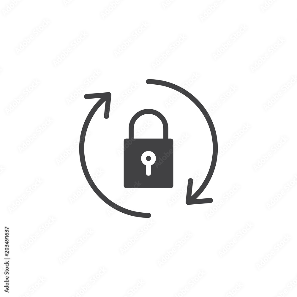 Poster rotation arrows with lock vector icon. filled flat sign for mobile concept and web design. update pa