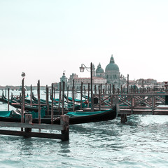 Beautiful view of traditional Gondola on Canal Grande with Basilica di Santa Maria della Salute in the background on a sunny day in Venice, Italy