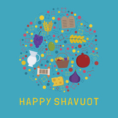 Shavuot holiday flat design icons set in round shape with text in english