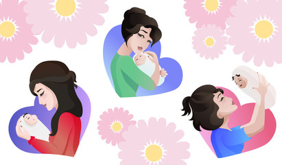 Set of young asian mothers with baby in the hands.