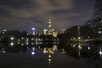 View of Manhattan buildings from Central Park pond