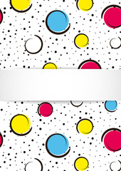 Pop art colorful confetti background. Big colored spots and circles on white background with black dots and ink lines. Banner with 3d paper plate in pop art style. Bright template for flyer, sale, ad