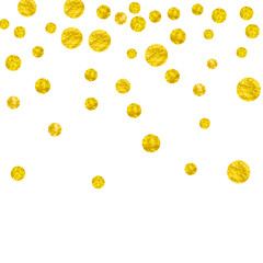 Gold glitter confetti with dots on isolated backdrop. Shiny random falling sequins with shimmer. Template with gold glitter confetti for party invitation, banner, greeting card, bridal shower.