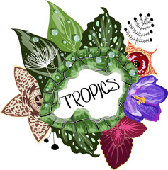 Naklejka premium frame with tropical leaves and flowers