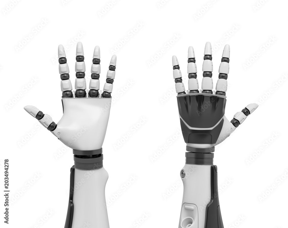 Poster 3d rendering of two robotic arms with all fingers sticking out shown from the palm and from the back