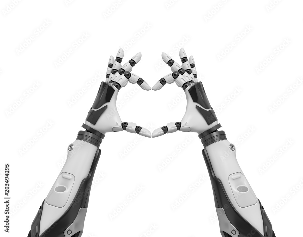 Aufkleber 3d rendering of two black and white robotic hands forming a heart shape with its fingers.