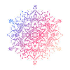 Round mandala in dreamy gradient. Vector hipster design on white isolated background. Mandala with floral patterns. Yoga template