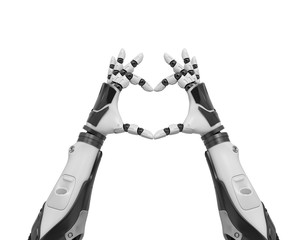 3d rendering of two black and white robotic hands forming a heart shape with its fingers.