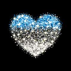 Republic of Estonia flag sparkling badge in heart shape. Icon with Estonian national colors with glitter effect. Button design. Vector illustration. One of a series of signs