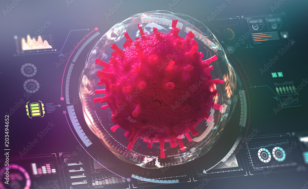 Poster microbiology of the future. futuristic concept of the study of viruses and bacteria. 3d illustration