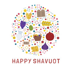 Shavuot holiday flat design icons set in round shape with text in english