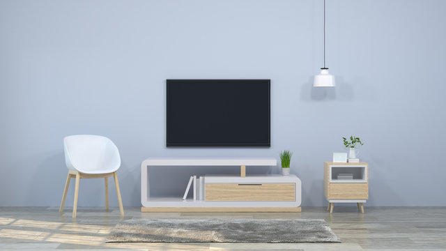 Tv wood cabinet in modern empty room interior background  3d illustration home designs,background shelves and books on the desk in front of  wall empty wall