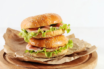 bagel with salmon slices and green salad