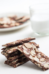 Brownie Cracker with Almond Slides and Milk Background
