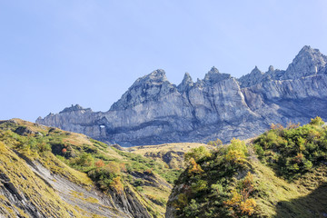 Martinsloch, Canton Glarus, Switzerland. It is a breakthrough in the Alpine chain of the Tschingelhoerner s in the form of a triangle about 6 meters wide and about 18 meters high.