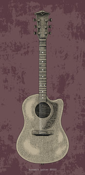 Acoustic guitar hand drawing vintage engraving illustration