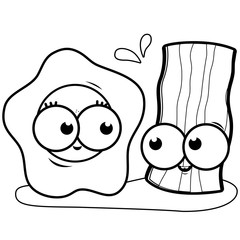 Cartoon egg and bacon characters. Vector black and white coloring page 