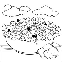 Bowl of Greek salad in a table next to the sea. Vector black and white coloring page 