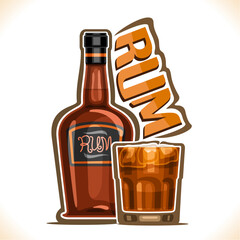 Vector illustration of alcohol drink Rum, old brown bottle of premium cuban booze, full tumbler glass with dark and stormy cocktail, original typeface for word rum, outline composition for bar menu. - obrazy, fototapety, plakaty