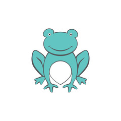 Cute zoo cartoon green frog sitting, vector colorful funny illustration kid animal isolated on white background, decorative reptile for character design zoo alphabet, mascot, children invitation