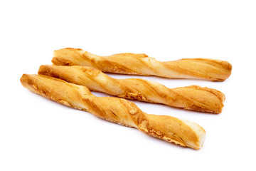 Spiral bread sticks with cheese on a white background