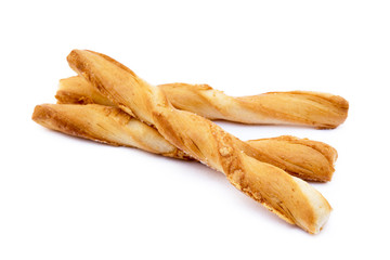 Spiral bread sticks with cheese on a white background