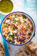 Crunchy cauli couscous. Diced cauliflower, carrot, red cabbage salad with pumpkin seeds & parsley, basil & thyme dressing