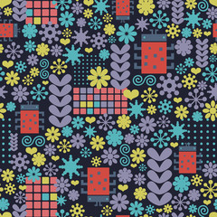 Abstract seamless pattern with geometric flowers and bugs.