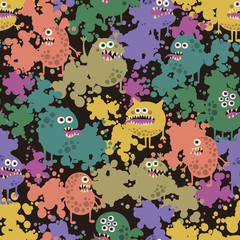 Seamless background with funny monsters in paint.
