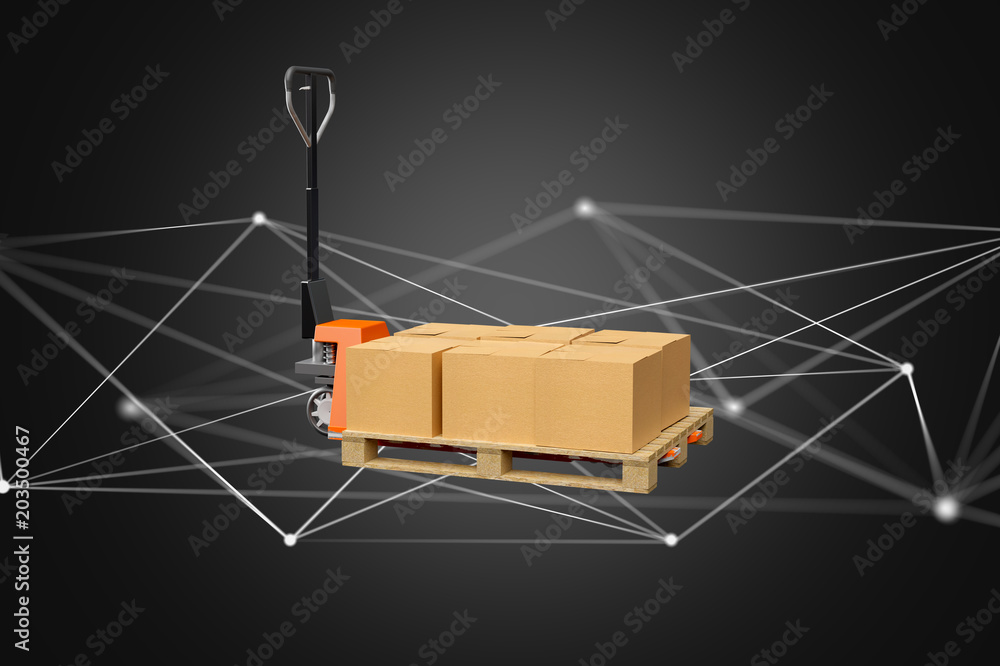 Aufkleber pallet truck and carboxes with network connection system - 3d render
