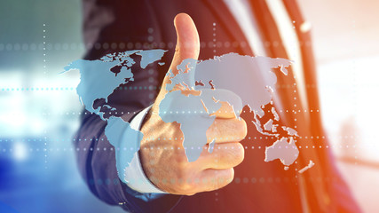 Businessman holding a Connected world map on a futuristic interface - 3d render