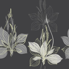 Seamless pattern with plantain on a dark background. Hand-drawn vector illustration. © maritime_m