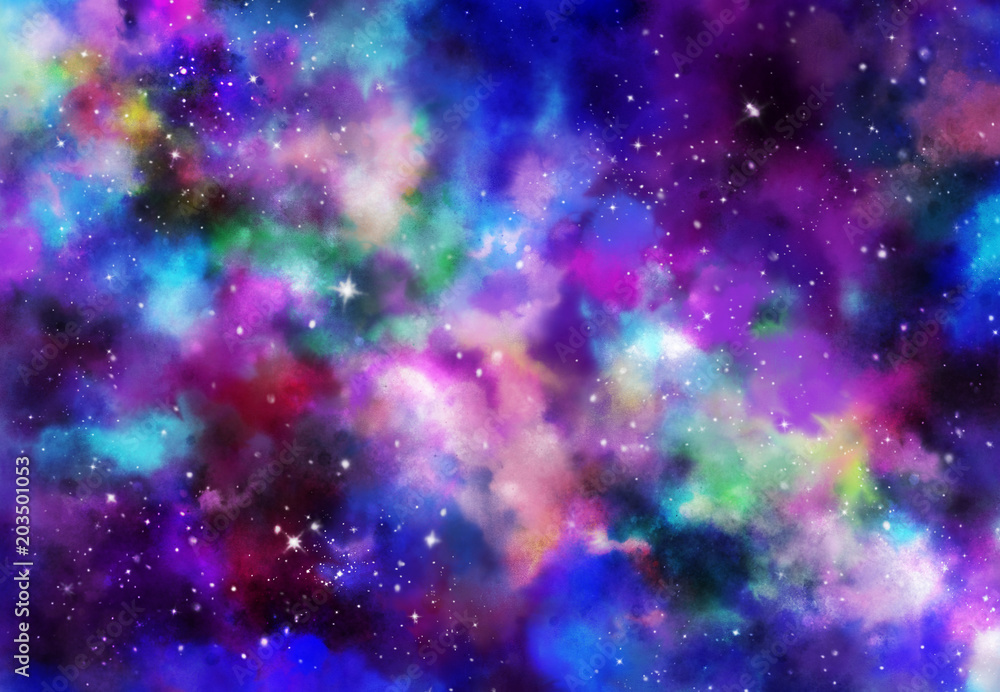 Wall mural star field in galaxy space with nebulae, abstract watercolor digital art painting for texture backgr