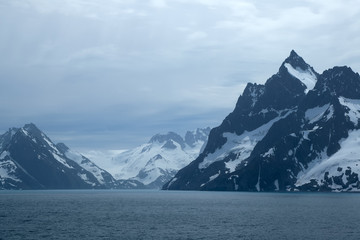 Drygalski Fjord South Georgia Islands, view of fjord entrance on overcast day