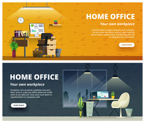 Office workplace interior design banner. Home office concept illustration.