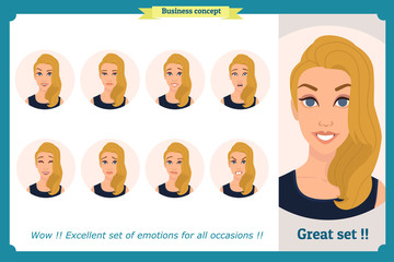 Set of woman expression isolated.Young housewife emotion portraits.Isolated on white.Cute blonde emotional female head illustration. vector face girl, angry, cry, sad, smiling.Businesswoman character