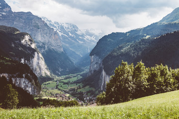Fototapeta na wymiar Scenic surroundings near the resort Wengen. Location place Swiss alp, Lauterbrunnen valley.